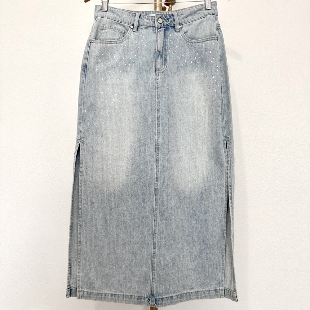 Rebecca Minkoff Light Wash Rhinestone Slit Side Denim Straight Long Skirt, 8-10